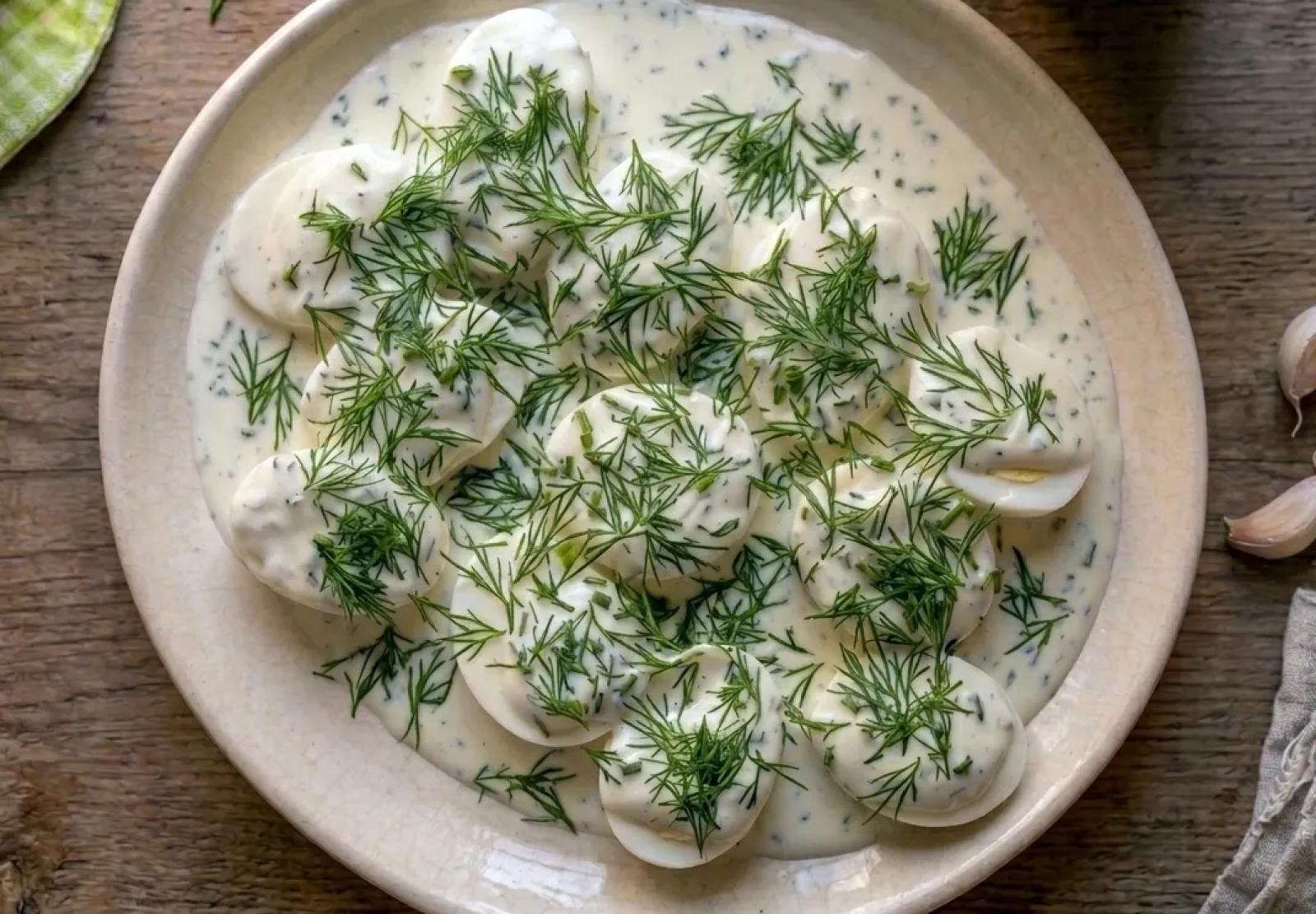 Jajka w sosie czosnkowym w 15 minut– prosty przepis na jajka na twardo z sosem czosnkowym